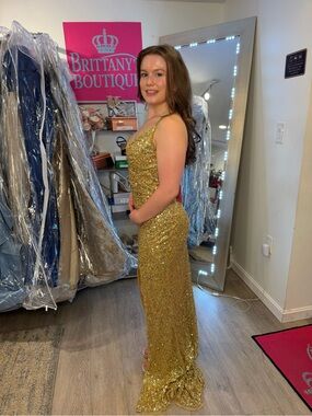 Primavera Couture Gold Sequin V-Neck Gown with Thigh Slit